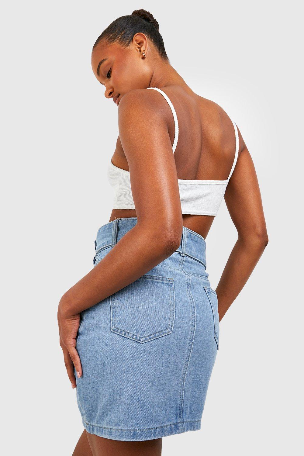 Blue denim skirt clearance boohoo